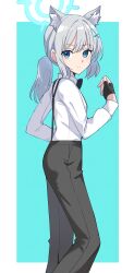  1girl absurdres animal_ear_fluff animal_ears black_bow black_bowtie black_gloves black_pants blue_archive blue_background blue_eyes border bow bowtie closed_mouth collared_shirt feet_out_of_frame fingerless_gloves from_side gloves grey_hair hair_ornament halo highres long_hair long_sleeves looking_at_viewer looking_to_the_side pants ponytail ryoji_minato shiroko_(blue_archive) shirt solo suspenders white_border white_shirt wolf_ears 