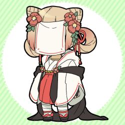  1girl black_bridal_gauntlets black_sandals blonde_hair bridal_gauntlets chibi chibi_only commentary_request cone_hair_bun covered_face double_bun flower full_body hair_bun hair_flower hair_ornament hair_rings hakama hakama_skirt japanese_clothes kimono long_sleeves nise_dorothia okobo original platform_sandals red_flower red_hakama sandals short_hair skirt solo standing white_kimono wide_sleeves 