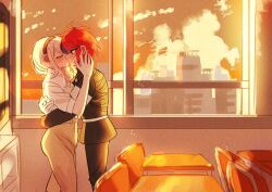  1boy 1girl absurdres ahoge black_hair black_hairband black_streaks blue_eyes braid classroom closed_eyes commentary_request couple gloves grey_hair hairband hetero highres holding kirifuji_nozomi kiss long_hair momo_inaz multicolored_hair pants rebellion_route_(hundred_line) red_hair shirt short_hair smile streaked_hair sumino_takumi the_hundred_line_-last_defense_academy- two-tone_hair white_hair white_shirt 