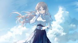  1girl absurdres artist_request bang_dream! bang_dream!_it's_mygo!!!!! blue_eyes blue_skirt blue_sky brown_hair chinese_commentary closed_mouth clouds commentary_request commission cowboy_shot cross cross_necklace day floating_hair hand_up highres jewelry kamen_rider long_hair long_sleeves looking_at_viewer nagasaki_soyo necklace outdoors rider_belt second-party_source shirt sidelocks skirt sky smile solo standing swept_bangs white_shirt wind 