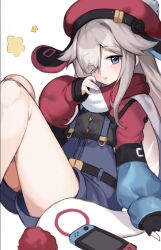  1girl bare_legs black_gloves black_shirt blue_eyes blue_shorts blush brown_hair choushinjiku_game_neptune_unlimited commentary_request expressionless fingerless_gloves gloves hair_over_one_eye hand_up hat highres knees_up legs_together long_hair neptune_(series) nintendo_switch red_hat rouge_(neptunia) shirt shorts sitting solo suspender_shorts suspenders suuuuica thighs very_long_hair 