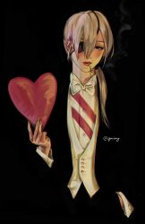  1girl absurdres black_background black_jacket black_pants black_suit blonde_hair blush bow bowtie chainsaw_man cigarette collared_shirt commentary eyepatch guiiay hair_between_eyes hair_over_shoulder hand_in_pocket heart highres holding holding_heart jacket long_hair looking_at_viewer low_ponytail pants ponytail quanxi_(chainsaw_man) shirt smoke smoking solo suit tuxedo twitter_username vest waistcoat white_bow white_bowtie white_shirt white_vest 