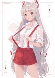  1girl :p absurdres adapted_costume bow breasts closed_mouth collared_shirt commentary_request fujiwara_no_mokou grey_hair hair_bow highres long_hair looking_at_viewer multiple_hair_bows red_eyes red_shorts shirt shorts sleeves_rolled_up small_breasts smile solo suspender_shorts suspenders thighs tinatama tongue tongue_out touhou very_long_hair white_shirt 