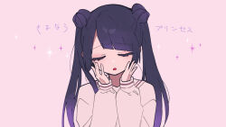  1girl black_hair blunt_bangs closed_eyes commentary_request double_bun gradient_hair hair_bun hands_up long_hair long_sleeves multicolored_hair nise_dorothia open_mouth original pink_background purple_hair sayonara_princess_(vocaloid) shirt simple_background solo sparkle twintails upper_body white_shirt 