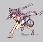  armband armor copyright_request crop_top faulds highres horns long_hair purple_eyes purple_hair riftgarret running solo sword very_long_hair violet_eyes weapon 