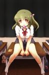  candy green_hair lollipop long_hair original red_eyes ruri_rarako rurirarako school_uniform side_ponytail sitting skirt solo table 