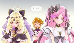  3girls antenna_hair black_bow black_capelet black_dress black_gloves black_hair blonde_hair bow braid brooch brown_hair capelet commentary_request cure_arcana_shadow cure_black cure_kiss diamond_hairband dress earrings fingerless_gloves food frills futari_wa_precure gloves gradient_hair hair_intakes hair_ornament hair_ribbon heart heart_brooch highres holding holding_food holding_ice_cream holding_ice_cream_cone ice_cream ice_cream_cone jewelry kimi_to_idol_precure long_hair looking_at_viewer magical_girl meitantei_precure! meroron_(precure) midriff misumi_nagisa moria_luluka multicolored_hair multiple_girls multiple_scoops musical_note musical_note_hair_ornament open_mouth parted_bangs pink_hair precure purple_veil ribbon short_hair smile sweatdrop twin_braids veil very_long_hair violet_eyes yuu13 