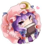  blush book bow chibi covering covering_face covering_mouth crescent dress from_above hair_bow hat heart long_hair patchouli_knowledge purple_eyes purple_hair ribbon sasagiri_yuuri simple_background solo touhou violet_eyes white_background 