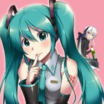  ahoge aqua_eyes aqua_hair bare_shoulders blush bottle bow caffein detached_sleeves finger_to_mouth green_eyes hair_bow hatsune_miku jeans lips long_hair looking_at_viewer looking_back multiple_girls ponytail red_eyes shushing silver_hair smile sweater tattoo twintails vocaloid yowane_haku 