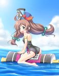  brown_hair browser_sangokushi hat long_hair masakichi_(crossroad) one-piece_swimsuit riding scroll swimsuit water 