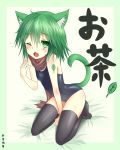  animal_ears cat_ears cat_tail green_eyes green_hair kerikaza original short_hair solo swimsuit tail thigh-highs thighhighs wink 