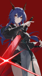  1girl absurdres arknights bare_legs black_shirt black_shorts black_sleeves blue_hair bow ch'en_(arknights) ch'en_the_dawnstreak_(arknights) chi_xiao_(arknights) chinese_commentary collared_shirt commentary cowboy_shot detached_sleeves diffraction_spikes eyeliner hair_between_eyes highres holding holding_sword holding_weapon horns looking_at_viewer looking_down low_ponytail makeup ponytail red_bow red_eyeliner red_eyes reverse_grip scabbard sheath shirt shorts sideways_glance simple_background sleeveless sleeveless_shirt solo sword weapon xuegao_ice 