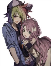  2girls animification baseball_cap black_shirt butterfly_hair_ornament cutie_mark cutie_mark_print dress fang fluttershy green_eyes hair_ornament hat highres hood hooded_jacket humanization jacket light_blush multicolored_hair multiple_girls muted_colors my_little_pony my_little_pony:_friendship_is_magic open_clothes open_jacket pink_eyes pink_hair pyanyasha rainbow_dash rainbow_hair shirt short_hair sketch skin_fang tomboy upper_body white_background yellow_dress 