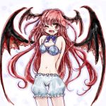  ;d arms_behind_back bat_wings bloomers bow bowtie bra fang head_wings koakuma nanashii_(soregasisan) navel open_mouth red_eyes red_hair redhead simple_background smile solo thigh_gap touhou underwear underwear_only wings wink 