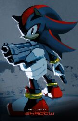  1boy absurdres aiming aiming_at_viewer black_fur character_name closed_mouth dual_wielding english_commentary english_text furry furry_male gun hedgehog_boy highres holding holding_gun holding_weapon looking_at_viewer male_focus multicolored_hair rythayze shadow_the_hedgehog sonic_(series) streaked_hair weapon 