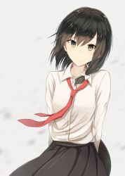  1girl arms_behind_back black_hat black_skirt brown_eyes brown_hair buttons closed_mouth collarbone collared_shirt commentary_request fumei_(mugendai) grey_background hat holding holding_unworn_clothes holding_unworn_hat long_sleeves looking_at_viewer necktie red_necktie shirt shirt_tucked_in skirt smile solo standing touhou unworn_hat unworn_headwear usami_renko white_shirt 