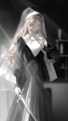  1girl absurdres alternate_costume artist_request bang_dream! bang_dream!_it's_mygo!!!!! black_dress black_veil blurry blurry_background brown_hair chinese_commentary closed_mouth commentary_request commission cowboy_shot cross cross_necklace dress highres holding holding_cross holding_sword holding_weapon indoors jewelry long_hair long_sleeves muted_colors nagasaki_soyo necklace nun nun_headdress pale_colors second-party_source sidelighting solo standing sunlight sword traditional_nun veil weapon 