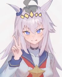  1girl absurdres ahoge animal_ears blue_eyes blue_sailor_collar blush_stickers english_commentary hair_between_eyes highres horse_ears horse_girl jacket long_hair long_sleeves looking_at_viewer neckerchief oguri_cap_(starlight_beat)_(umamusume) oguri_cap_(umamusume) red_neckerchief sailor_collar school_uniform serafuku sidelocks simple_background solo tongue tongue_out umamusume upper_body v v-shaped_eyebrows white_background white_jacket xed_11z 