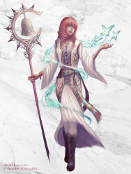  1girl aleksi_remes artist_name bell bracelet bug butterfly character_request commentary_request copyright_request highres holding holding_staff jewelry long_hair solo staff 