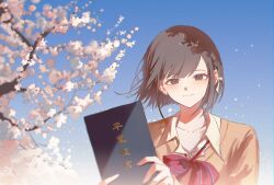  25-ji_nightcord_de._(project_sekai) black_eyes blue_sky blush book bow bowtie brown_cardigan brown_eyes brown_hair cardigan cherry_blossoms collarbone diagonal-striped_bow diagonal-striped_bowtie diagonal-striped_clothes gradient_background graduation hair_ornament highres holding holding_book kamiyama_high_school_uniform_(project_sekai) looking_at_another looking_at_viewer padako project_sekai school_uniform shinonome_ena short_hair sky smile striped_bow striped_bowtie striped_clothes wind 