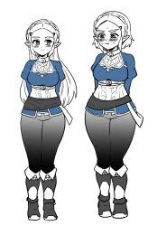  2girls :3 arms_behind_back blush boots braid commentary_request curvy dual_persona green_eyes hair_ornament hairclip highres long_hair medium_hair multiple_girls pointy_ears princess_zelda single_braid the_legend_of_zelda the_legend_of_zelda:_breath_of_the_wild the_legend_of_zelda:_tears_of_the_kingdom triforce wasabi_(legemd) wavy_mouth 
