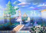  blonde_hair building clouds dress flower goggles gun leaves original petals ribbons ruins tomok1 tree twintails water weapon 