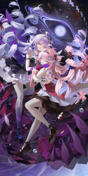  2girls absurdres ahoge bare_shoulders black_shoes blue_eyes breasts chigusa7h colored_extremities commentary dark_persona denia_(breakdown)_(wuthering_waves) denia_(wuthering_waves) dress dual_persona full_body hair_intakes hair_ornament hand_on_another's_cheek hand_on_another's_face highres long_hair looking_at_viewer looking_to_the_side making-of_available medium_breasts mole mole_on_thigh multiple_girls purple_hair red_eyes shoes turning_head white_dress wuthering_waves 