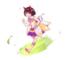  1girl animal_ears blush boots bow brown_hair dress ear_covers hair_ornament hairband highres horse_ears horse_girl horse_tail looking_at_viewer nishino_flower_(layered_petals)_(umamusume) nishino_flower_(umamusume) open_mouth pink_hairband poikra running short_hair sleeveless sleeveless_dress smile solo tail umamusume violet_eyes wrist_cuffs x_hair_ornament yellow_boots yellow_dress 