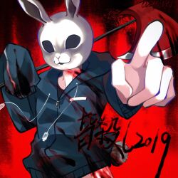  1boy animal_ears axe black_background black_shirt blood blood_on_clothes blood_on_weapon blue_jacket commentary_request copyright_name cowboy_shot highres holding holding_axe holding_weapon j-core jacket jersey looking_at_viewer mask no_pants ozigiri pointing rabbit_ears rabbit_mask red_background schlieff3n shirt sleeves_past_wrists solo title weapon 