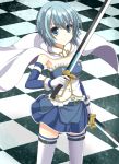  armband armpits belt blue_eyes blue_hair cape checkered checkered_floor dual_wielding gloves highres magical_girl mahou_shoujo_madoka_magica miki_sayaka smile sogaya solo soul_gem sword thigh-highs thighhighs weapon zettai_ryouiki 