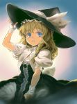  alternate_costume blonde_hair blue_eyes braid colored_eyelashes curiosities_of_lotus_asia fingerless_gloves gloves hand_on_hat hat insyu kirisame_marisa long_hair puffy_sleeves side_braid simple_background solo touhou white_gloves witch_hat 