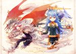  blue_hair dragon elbow_gloves fingerless_gloves gloves grey_hair horns nemu_(isaya) pixiv_fantasia pixiv_fantasia_sword_regalia pointy_ears red_eyes wings 