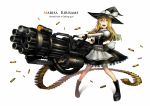  ammunition_belt blonde_hair boots bow braid gatling_gun gia gun hat hat_bow highres huge_weapon kirisame_marisa long_hair obvious open_mouth orange_eyes pouch ribbon shell_casing simple_background single_braid solo touhou weapon white_background witch witch_hat 