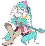  1girl aqua_eyes aqua_hair boots guitar hatsune_miku instrument long_hair solo twintails vocaloid wink 