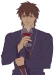  azoth_knife brown_hair cross cross_necklace cup dagger drinking fate/zero fate_(series) flat_color jewelry kotomine_kirei male necklace red_eyes short_hair simple_background solo tiger_&amp;_bunny weapon white_background wine wine_glass zihad 