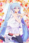  blue_eyes blue_hair boots feathers flower halo harano hatsune_miku kneeling long_hair purple_eyes skirt solo thigh-highs thighhighs twintails very_long_hair violet_eyes vocaloid wings 