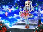  ascot blonde_hair flandre_scarlet flower full_body long_hair no_hat no_headwear red_eyes risutaru side_ponytail skirt skirt_hold smile solo stairs thigh-highs thighhighs touhou white_legwear wings 