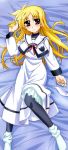  absurdres bardiche blonde_hair blush fate_testarossa highres long_hair long_image lying lyrical_nanoha mahou_shoujo_lyrical_nanoha mahou_shoujo_lyrical_nanoha_a&#039;s mahou_shoujo_lyrical_nanoha_a's mahou_shoujo_lyrical_nanoha_the_movie_2nd_a&#039;s mahou_shoujo_lyrical_nanoha_the_movie_2nd_a's nyantype official_art on_back pantyhose petticoat red_eyes scan school_uniform smile socks solo stick_poster tall_image 