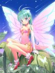  akkijin antenna_hair blue_eyes breasts butterfly butterfly_wings cleavage elbow_gloves fairy gloves green_hair highres large_wings leaf leotard long_hair minigirl original sitting smile solo white_gloves wings 