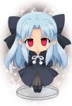  arms_behind_back blue_hair blush bow chibi empty_eyes faux_figurine hair_bow len long_hair pantyhose red_eyes snowflakes solo tsukihime zipang 