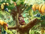  beedrill clothed_pokemon forest highres kabotya_to_rantan kirby_(series) nature no_humans parody pokemon pokemon_(creature) scared teddiursa theft tree whispy_woods 