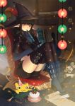  black_hair black_legwear boots cake cat character_request feathers flute food gloves hat holding instrument mabinogi peirasuo pointy_ears red_eyes scroll sitting solo star thigh-highs thighhighs witch_hat yvona 