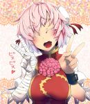  bandage bandages blush breasts bust closed_eyes double_bun double_v eyes_closed flower flying_sweatdrops ibaraki_kasen nichi_doriimu open_mouth pink_hair shackle short_hair solo sweatdrop tabard touhou v 