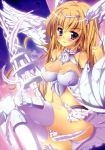  absurdres angel_wings armlet armor ass bare_shoulders bird blonde_hair breasts cleavage cloud crossed_legs feathers head_wings headgear heagear highres lance large_breasts legs legs_crossed long_hair midriff natsumiya_yuzu navel original panties polearm purple_eyes shield shiny shiny_skin sitting skirt sky smile solo thigh-highs thighhighs thighs underwear upskirt valkyrie violet_eyes weapon white_legwear white_panties wings 