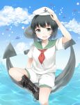  anchor aqua_eyes black_hair boots cross-laced_footwear hat highres lace-up_boots m-sama murasa_minamitsu neckerchief open_mouth sailor sailor_hat short_hair shorts smile solo touhou ufo 