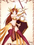  armor bikini_armor blue_eyes breasts brown_hair character_name cheng cleavage ear_protection forehead_protector league_of_legends leona_(league_of_legends) long_hair navel shield signature solo sword thigh-highs thighhighs weapon 
