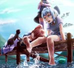  bare_legs barefoot belt blue_dress blue_hair blue_sky bow breasts cat cirno cleavage closed_eyes cloud clouds coin diving dress eyes_closed hair_bobbles hair_bow hair_ornament hat head_out_of_frame highres jetty kaenbyou_rin kaenbyou_rin_(cat) kamaboko_bijin kawashiro_nitori large_breasts lying mountain multiple_girls multiple_tails nekomata obi on_side onozuka_komachi open_mouth pink_legwear red_hair redhead rod_of_remorse shikieiki_yamaxanadu shirt short_hair sitting skirt sky sleeping smile soaking_feet splashing tail thigh-highs thighhighs touhou twintails upskirt vest wings 