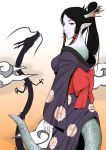  2012 black_hair bow cloud clouds copyright_request d_(atelierd) dragon dragon_girl dragon_horns eastern_dragon hair_tubes horns japanese_clothes kimono long_hair monster_girl new_year pointy_ears scales silhouette tail 
