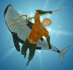  aqua_man aquaman_(dc) armor belt blonde_hair chains dc_comics facial_hair gb_(doubleleaf) genmaipudding gloves king male necklace ocean orca polearm solo spandex stubble superhero swimming trident underwater water weapon whale 