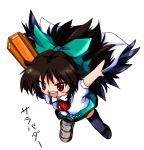  arm_cannon black_hair blush brown_hair chibi mismatched_footwear open_mouth red_eyes reiuji_utsuho simple_background smile solo touhou weapon white_background zipang 